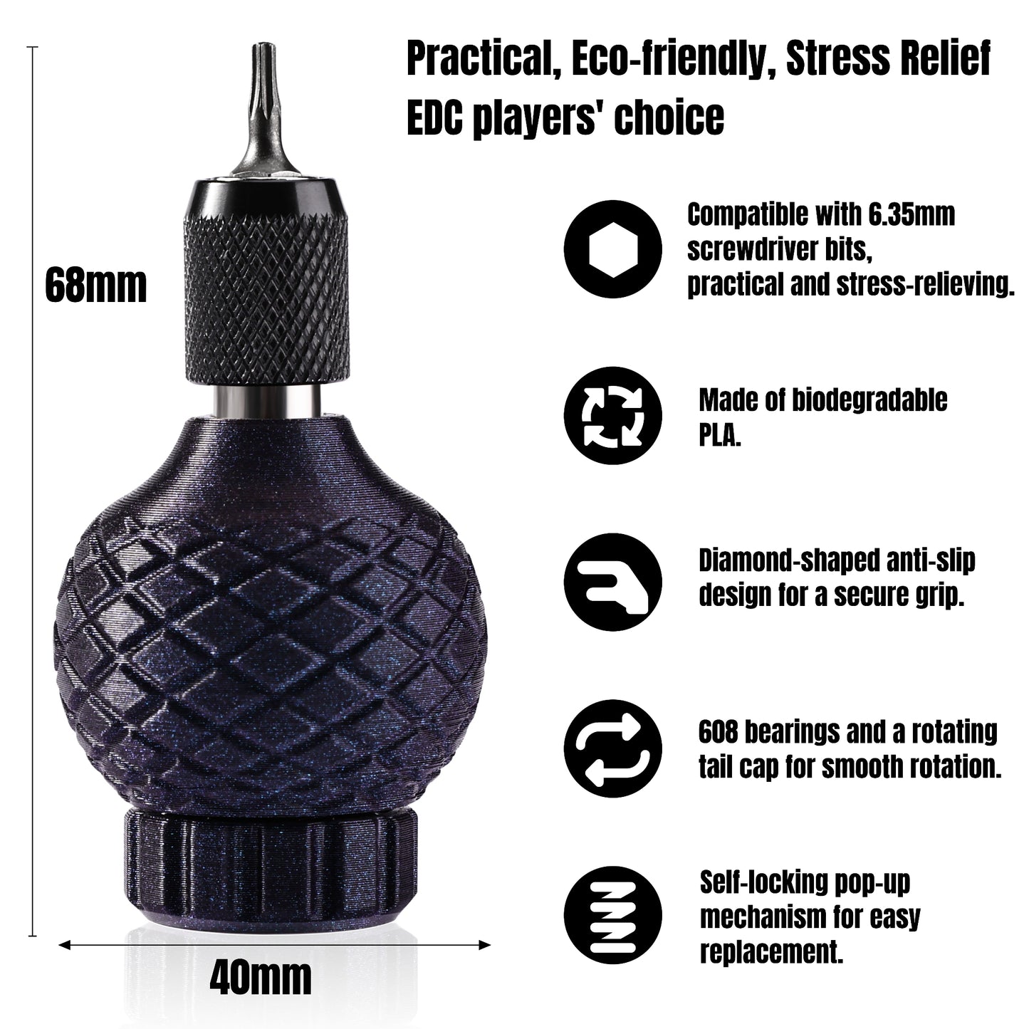Eco-Friendly & Biodegradable!PLA Screwdriver Handle with Self-Locking Pop-Out Design · Compatible with 6.35mm Bits