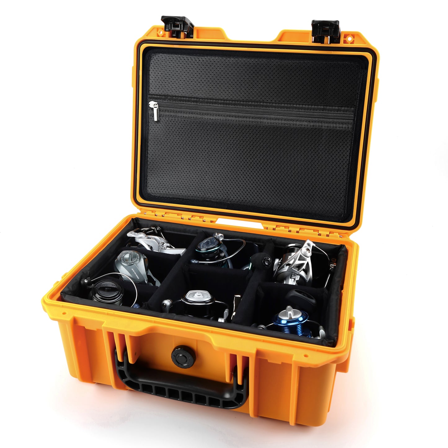 Winarm FishingReel Mesh PocketCase #318-F6W 6 Adjustable Slots, Holds 6 Spinning/Baitcasting Reels, Travel-Friendly
